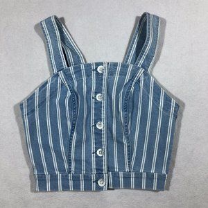 OAT Top Womens XS Striped Denim Jean Button Crop Tank Blue White Nautical NEW